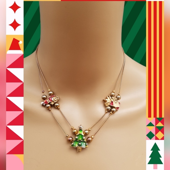 VINTAGE FESTIVE CHRISTMAS SLIDER CHARM GOLDTONE NECKLACE - Picture 2 of 8